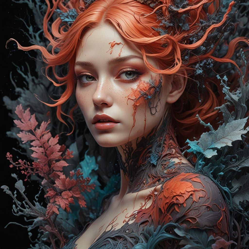 Macabre Autumn Woman in Misty Taiga