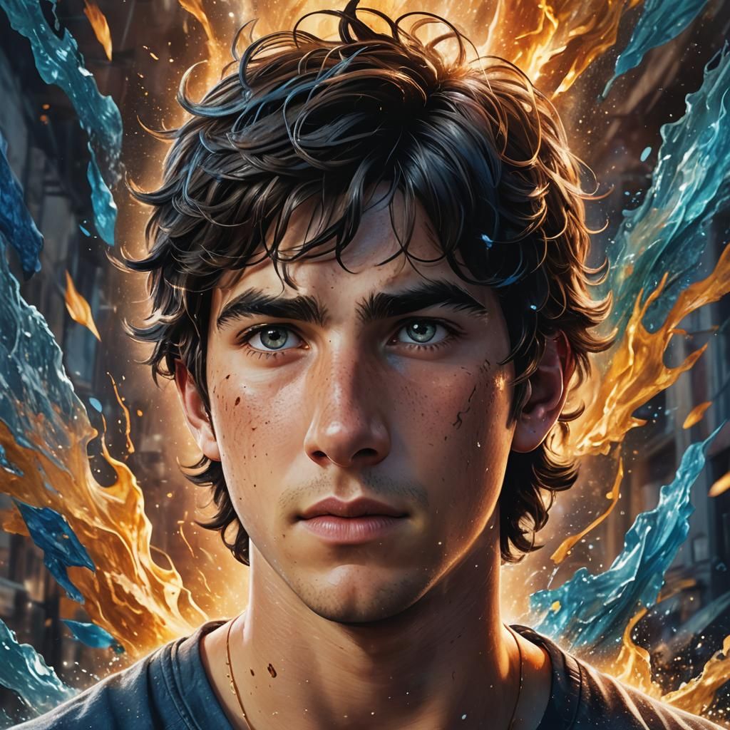 Hyperrealistic Percy Jackson Portrait in Splash Art Style