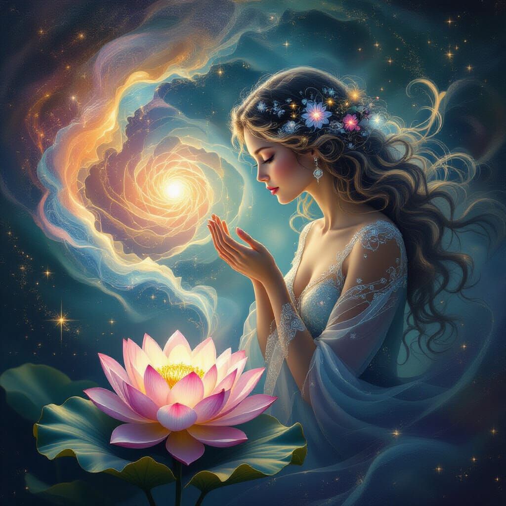 Celestial Woman of Nebulae Contemplating Cosmic Lotus