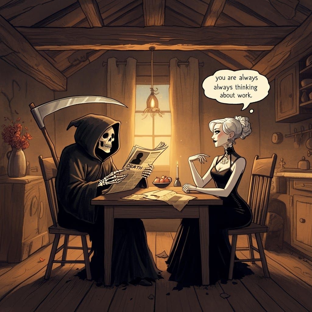 Grim Reapers' Cozy Kitchen Scene in Gorey Style