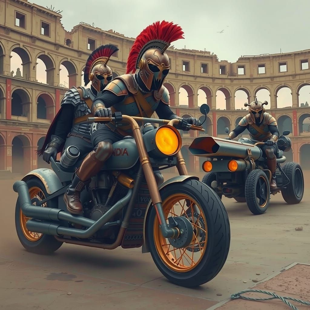 Steampunk Gladiators in Ruined Colosseum with Neon Sky