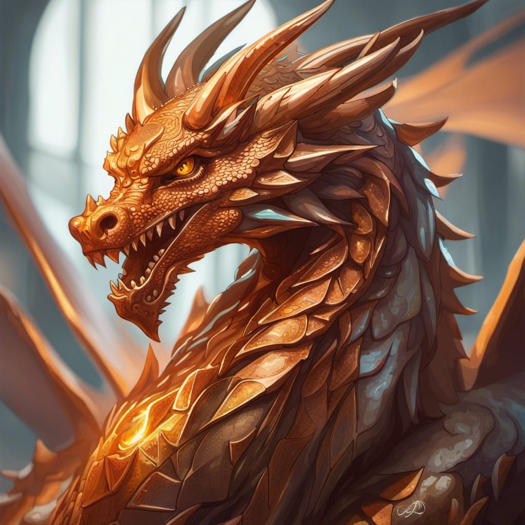 Detailed Copper Dragon Portrait in Art Nouveau Style
