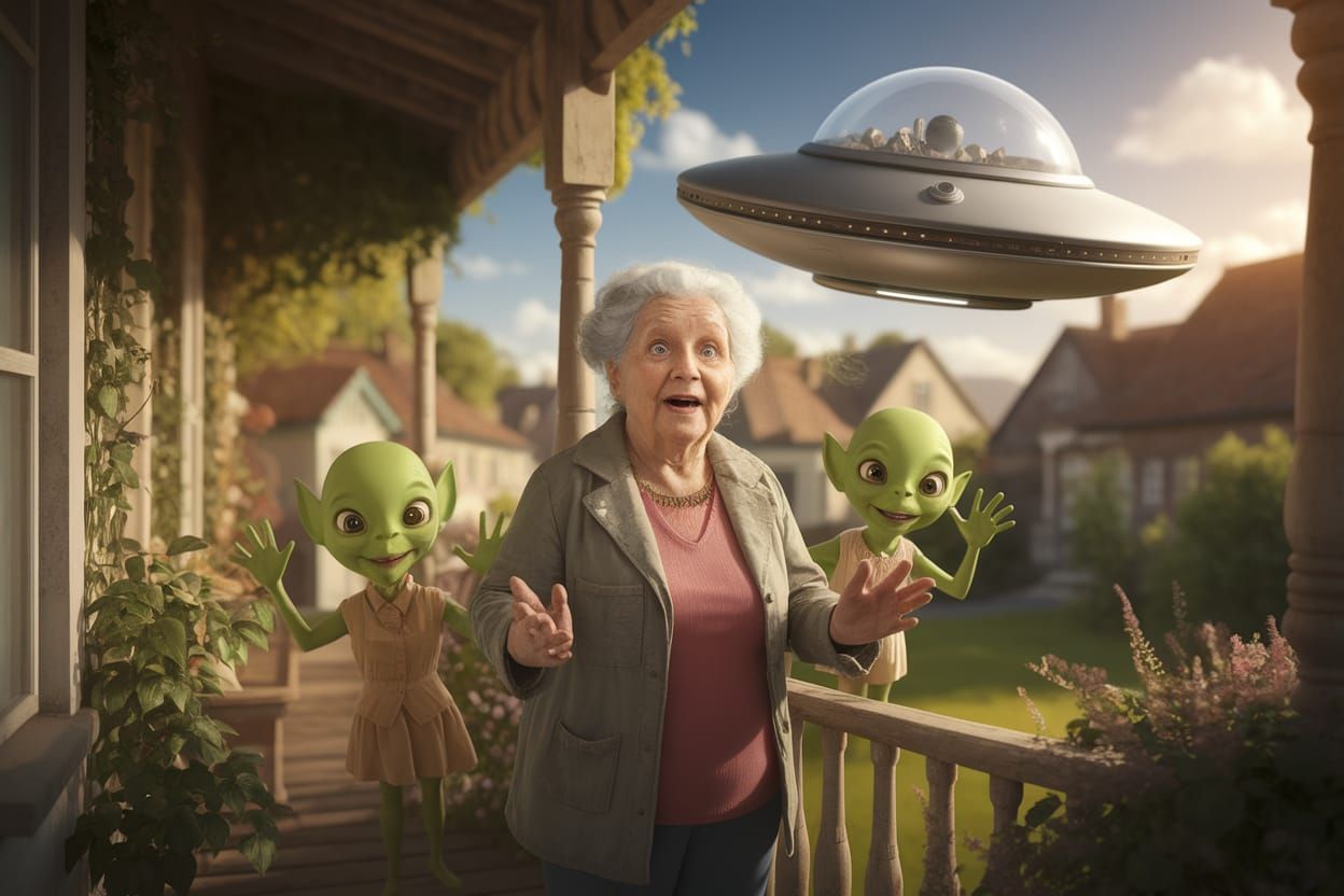 Whimsical Grandma Meets Friendly Aliens in a Quaint Neighbor...