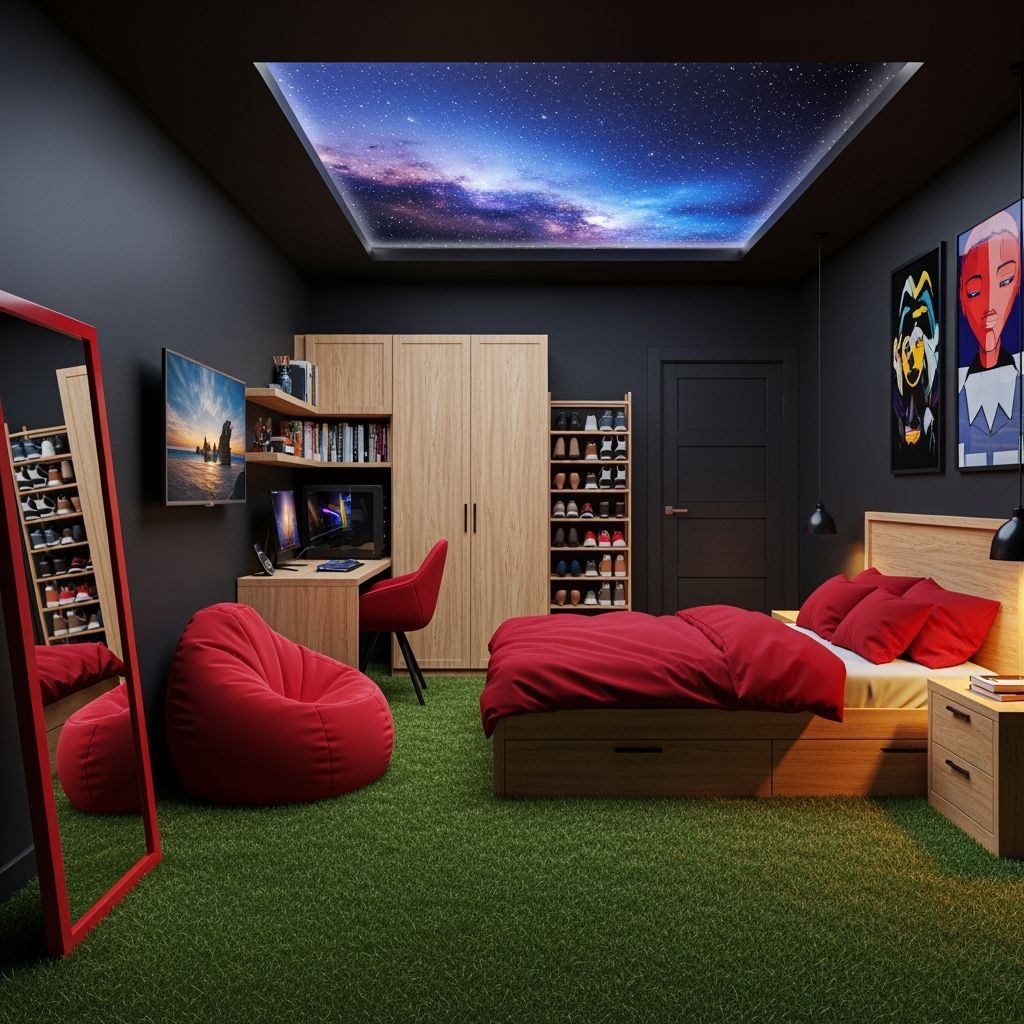 Futuristic Room with Night Sky Ceiling and Grass Floor