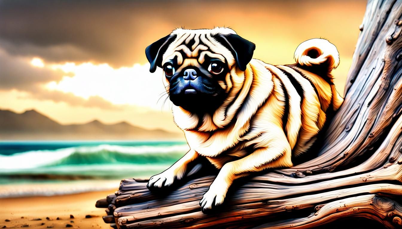 Pug on Beach with Driftwood and Gentle Waves