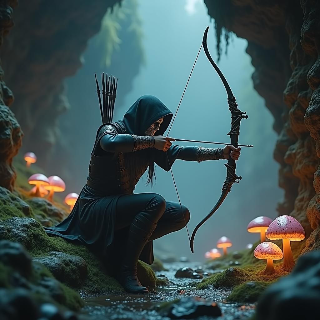 Mystical Shadow Elf Archer in Bioluminescent Cave