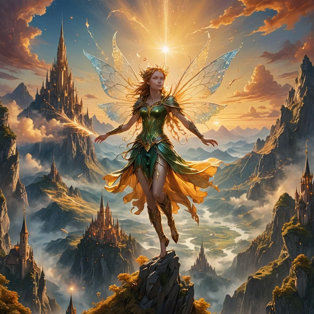 Fairy in Sunset Landscape: Fantasy Matte Painting