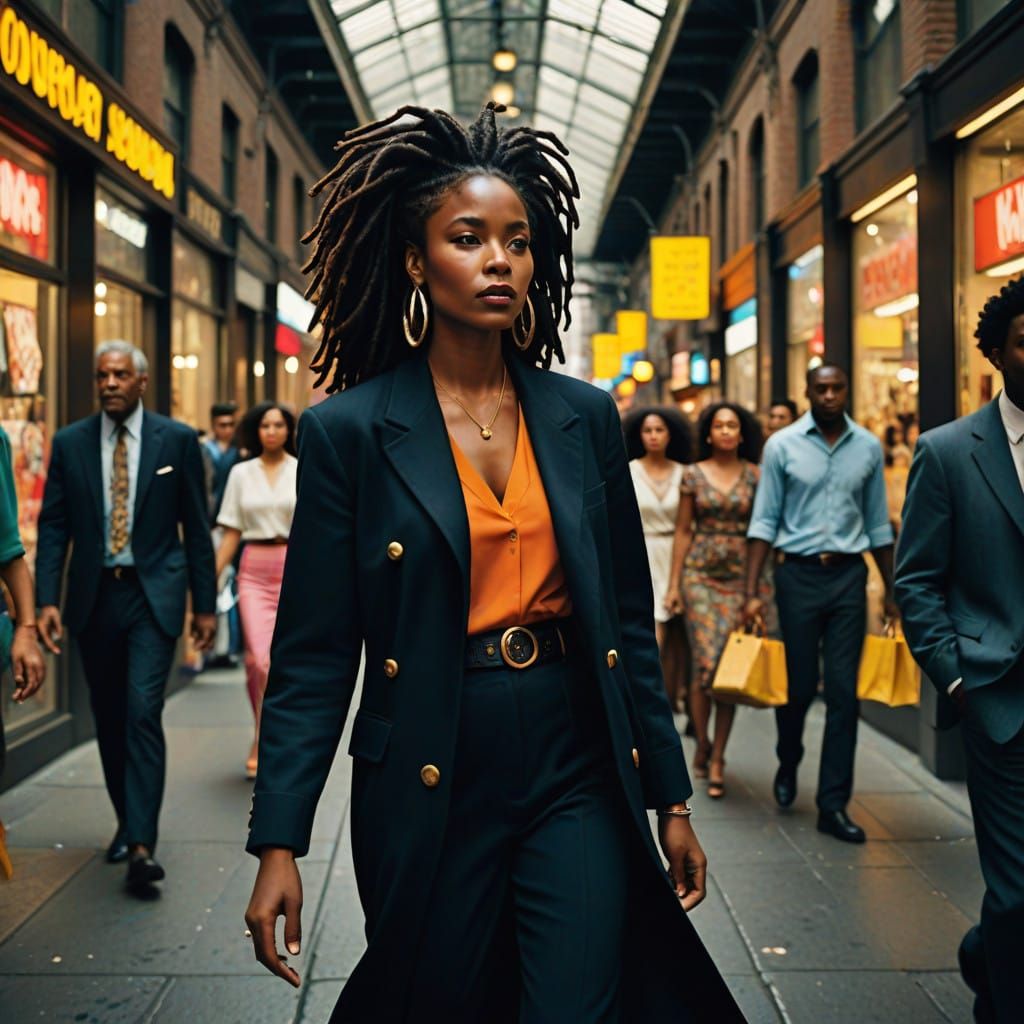 Elegant African Woman in 80s New York Mall