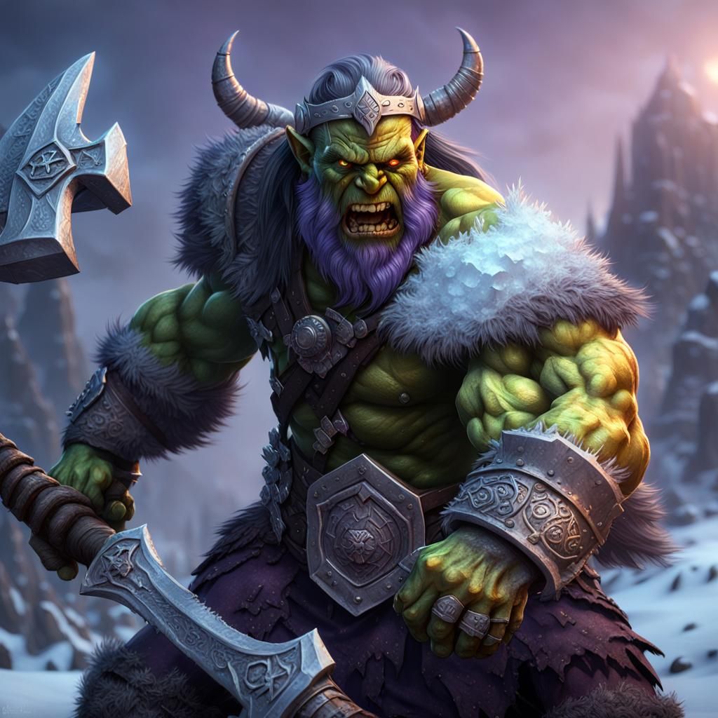 Furious Orc Barbarian in Frost Armor, Digital Art