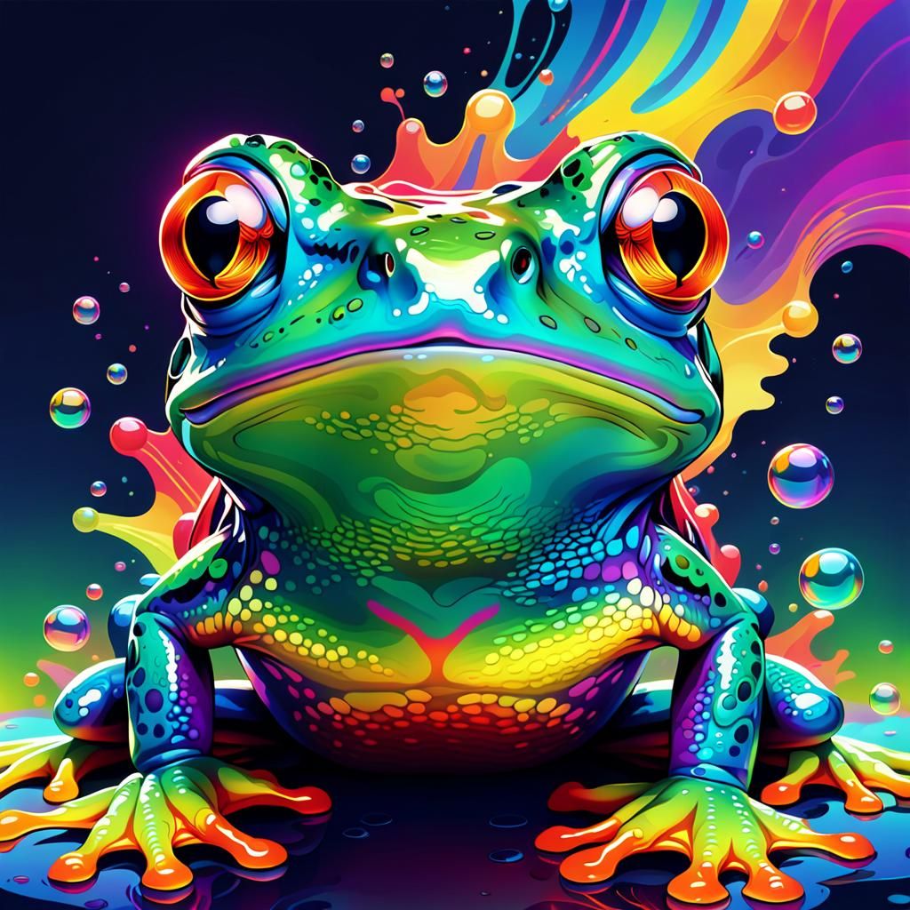 Psychedelic Rainbow Frog Portrait in Neon Style