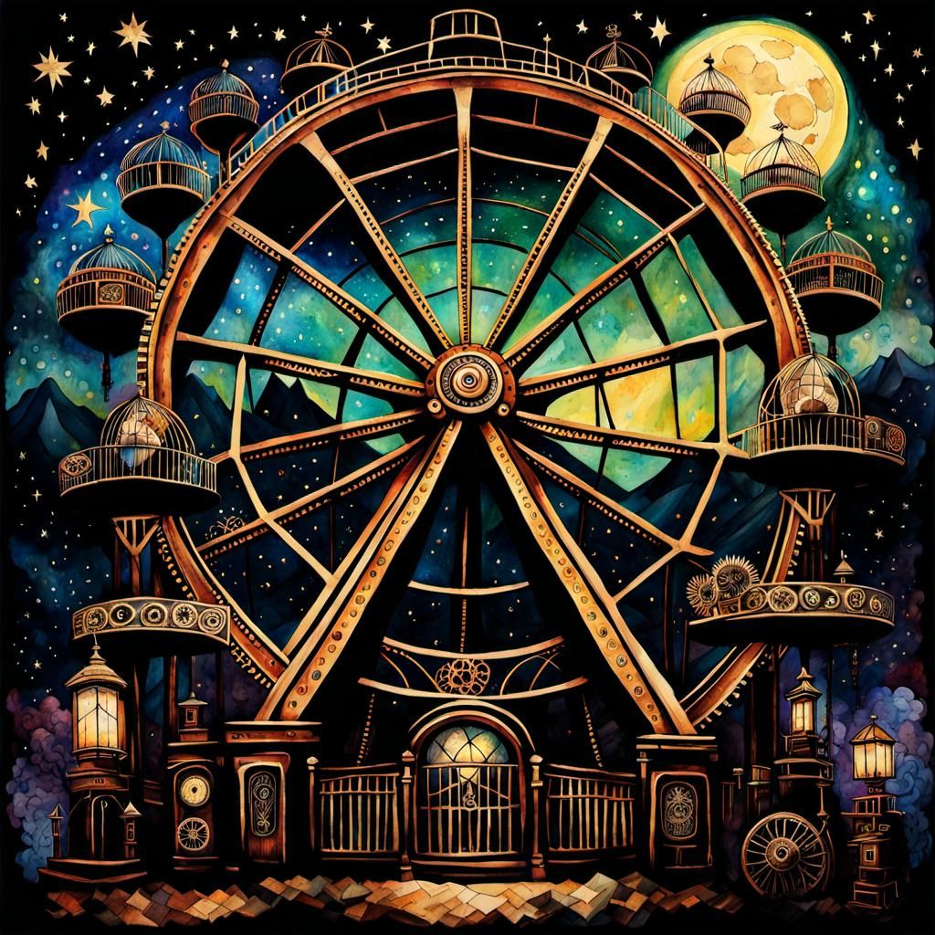 Steampunk Ferris Wheel in Watercolor Gothic Style