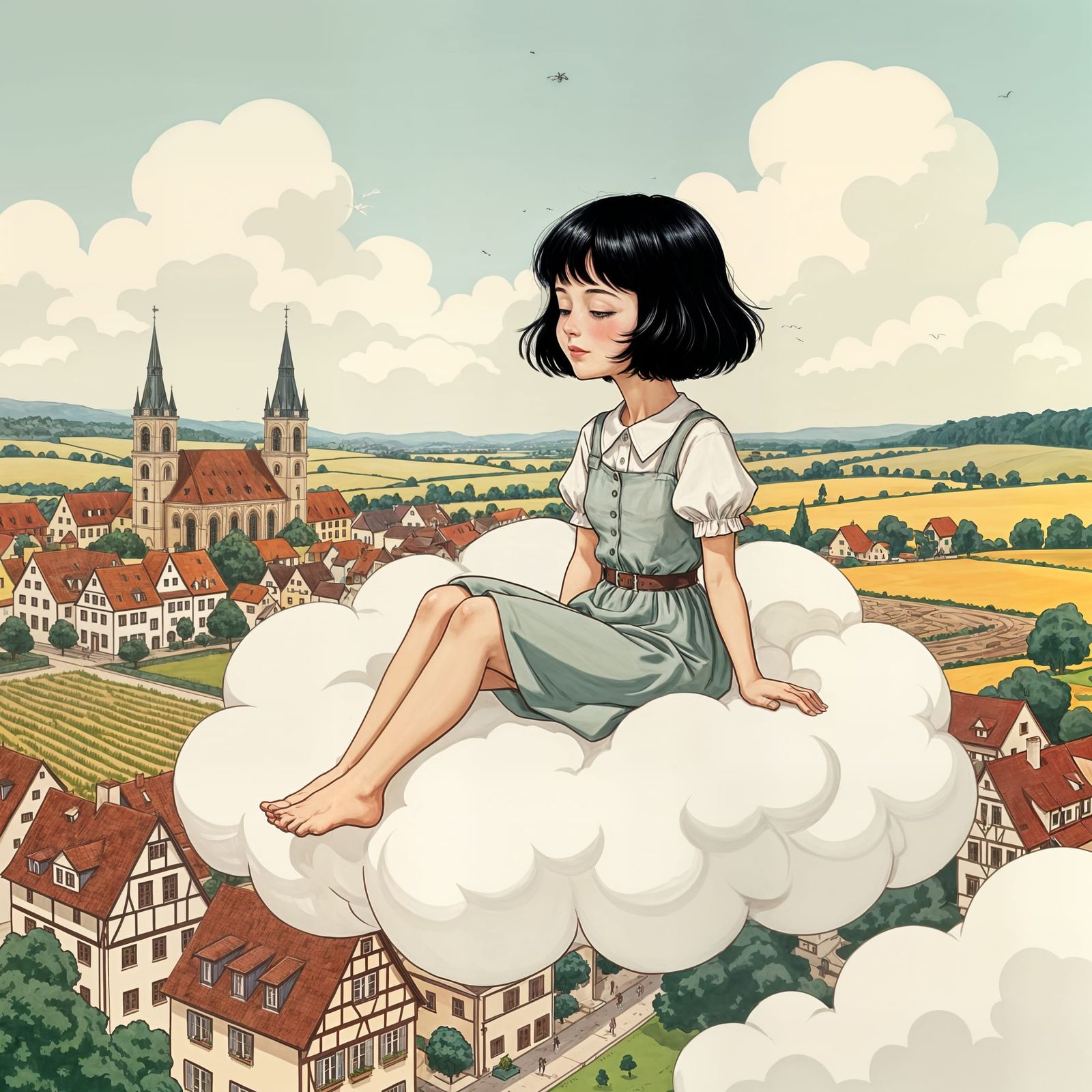 Teenage Girl on Cloud Over Old German Town