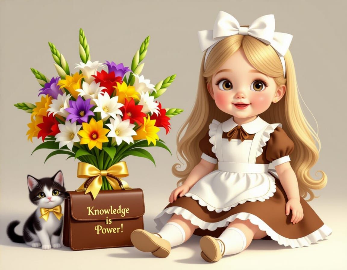 Sweet Baby with Kitten and Flowers in Cartoon Animation Styl...