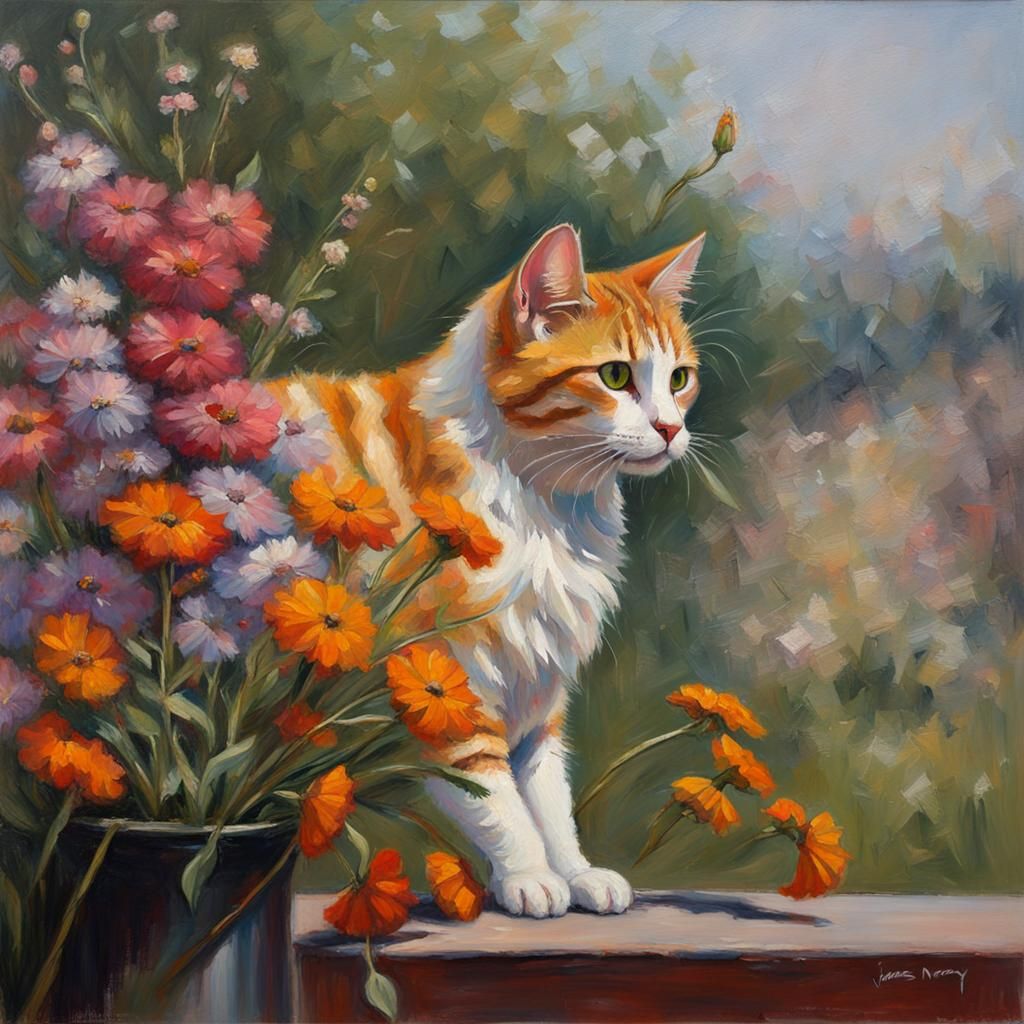 Cat with Flowers in Oil Painting Style