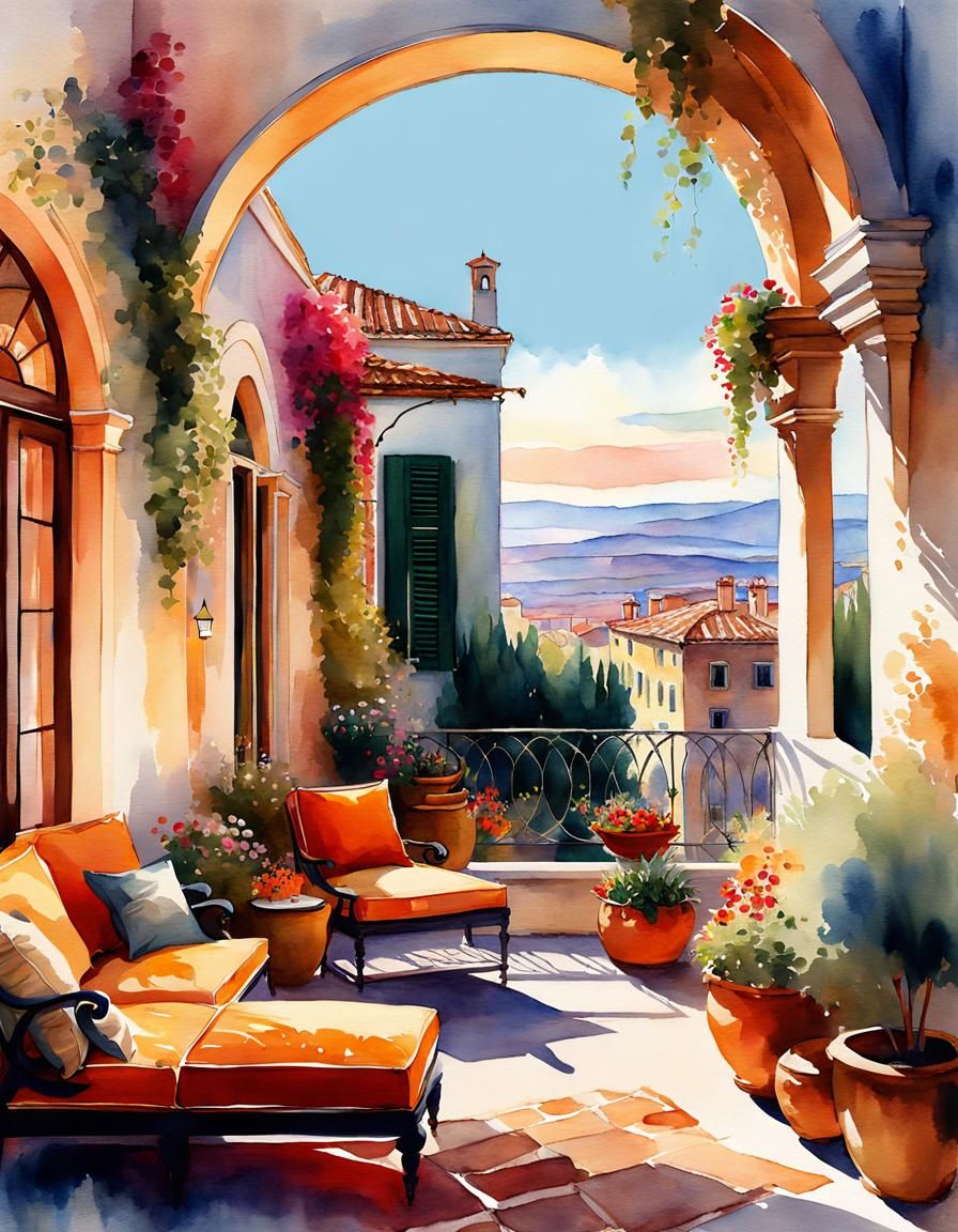 Italian Villa: Watercolor Sketch in Tonal Colors