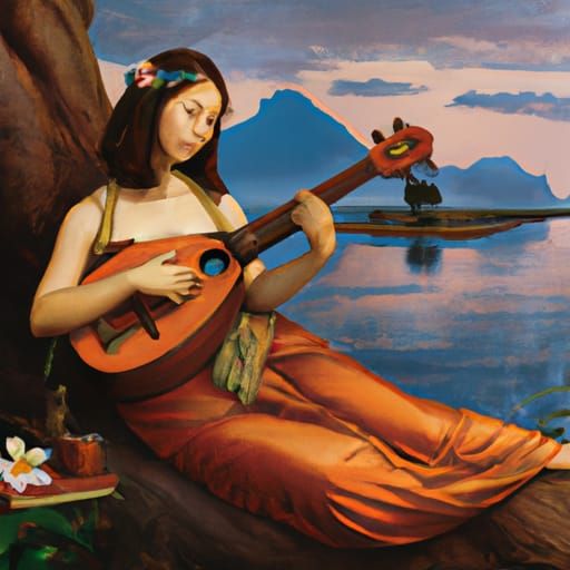 A beautiful woman playing a ukelele by Leonardo da Vinci, Jo...