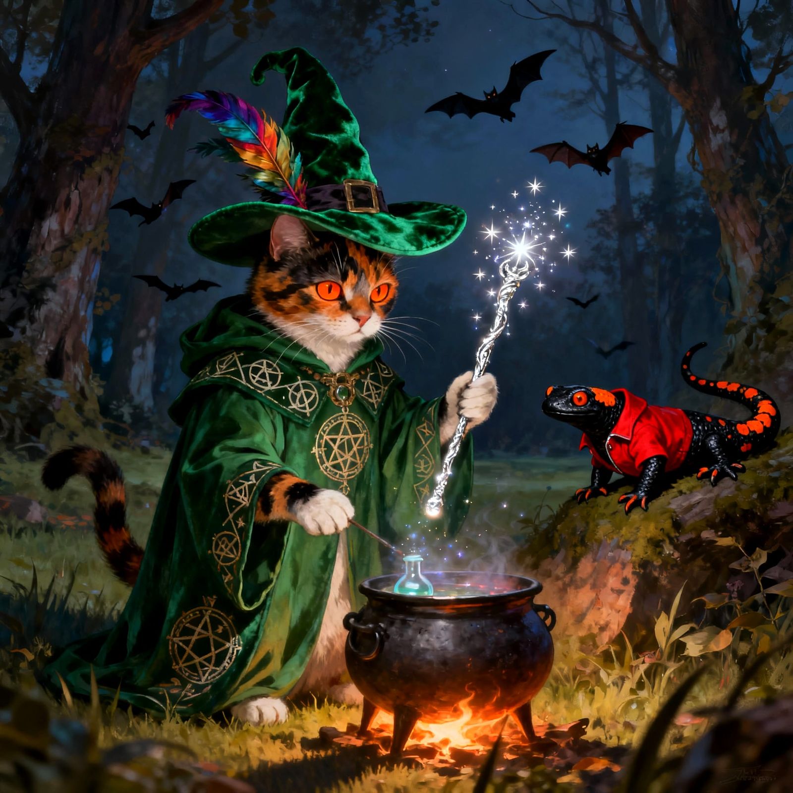 Elegant Cat Witch and Salamander Familiar at Night