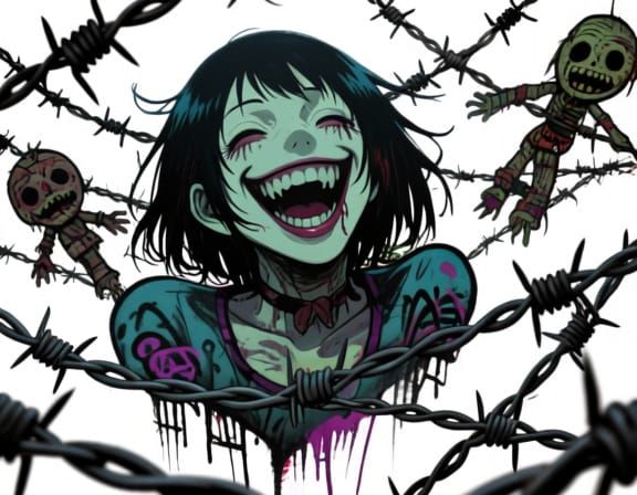 Junji Ito Inspired Laughing Graffiti with Barbed Wire
