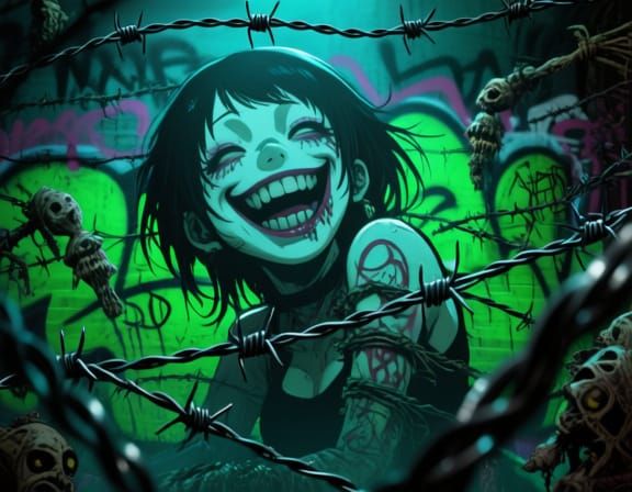 Junji Ito Inspired Laughing Graffiti with Barbed Wire