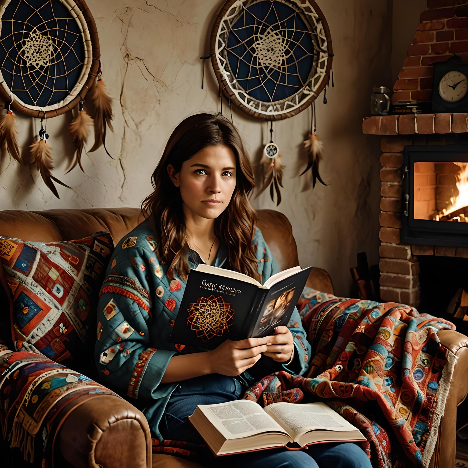 Cozy Quilted Interior Scene with Reading Woman