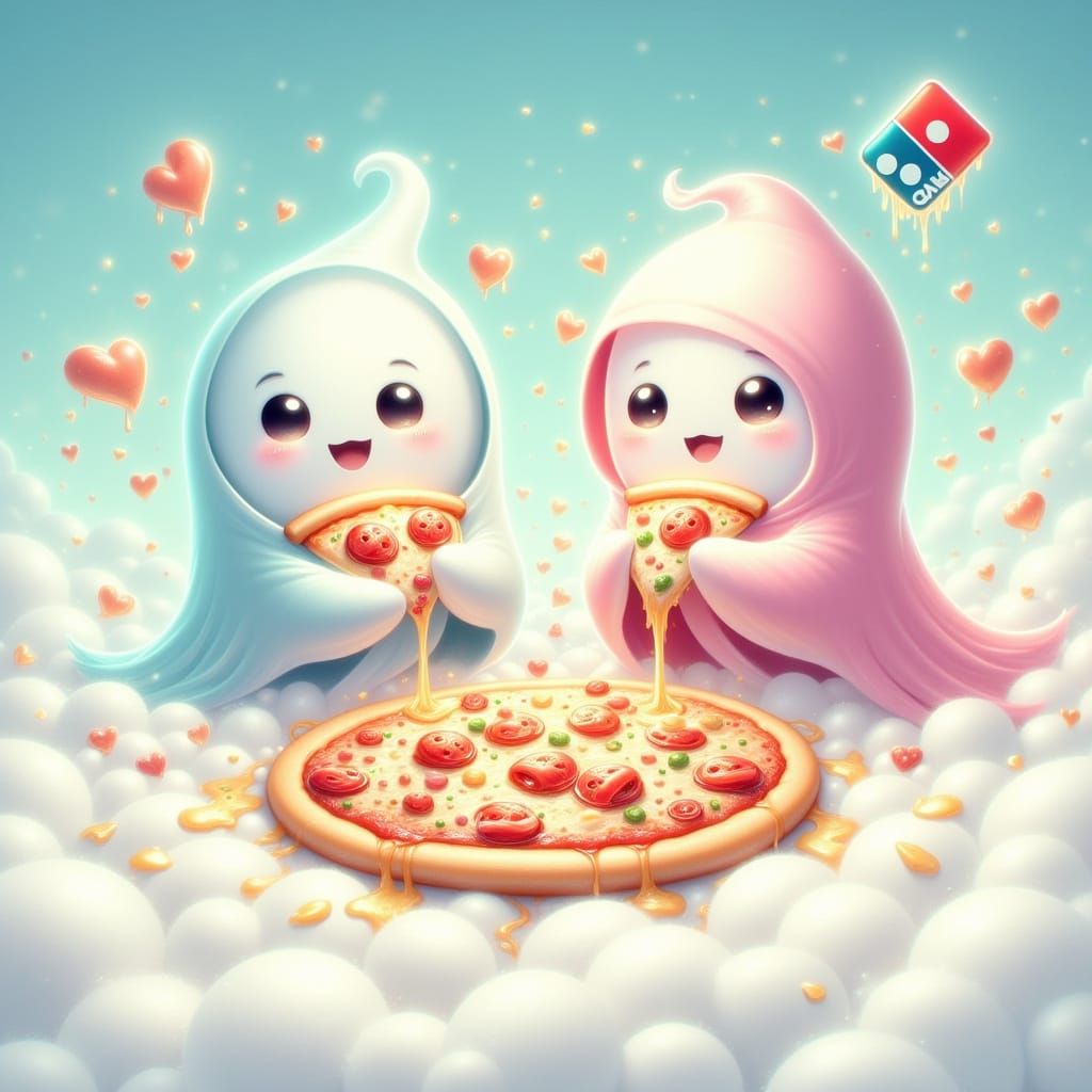 Cute Ghosts Eat Pizza on Cloud in Whimsical Style