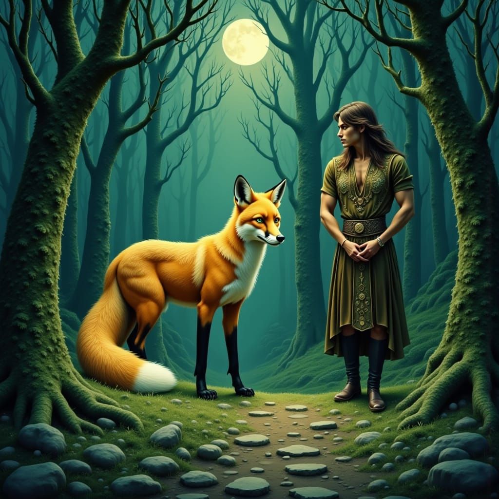 Golden Fox Illuminates Mystical Moonlit Forest