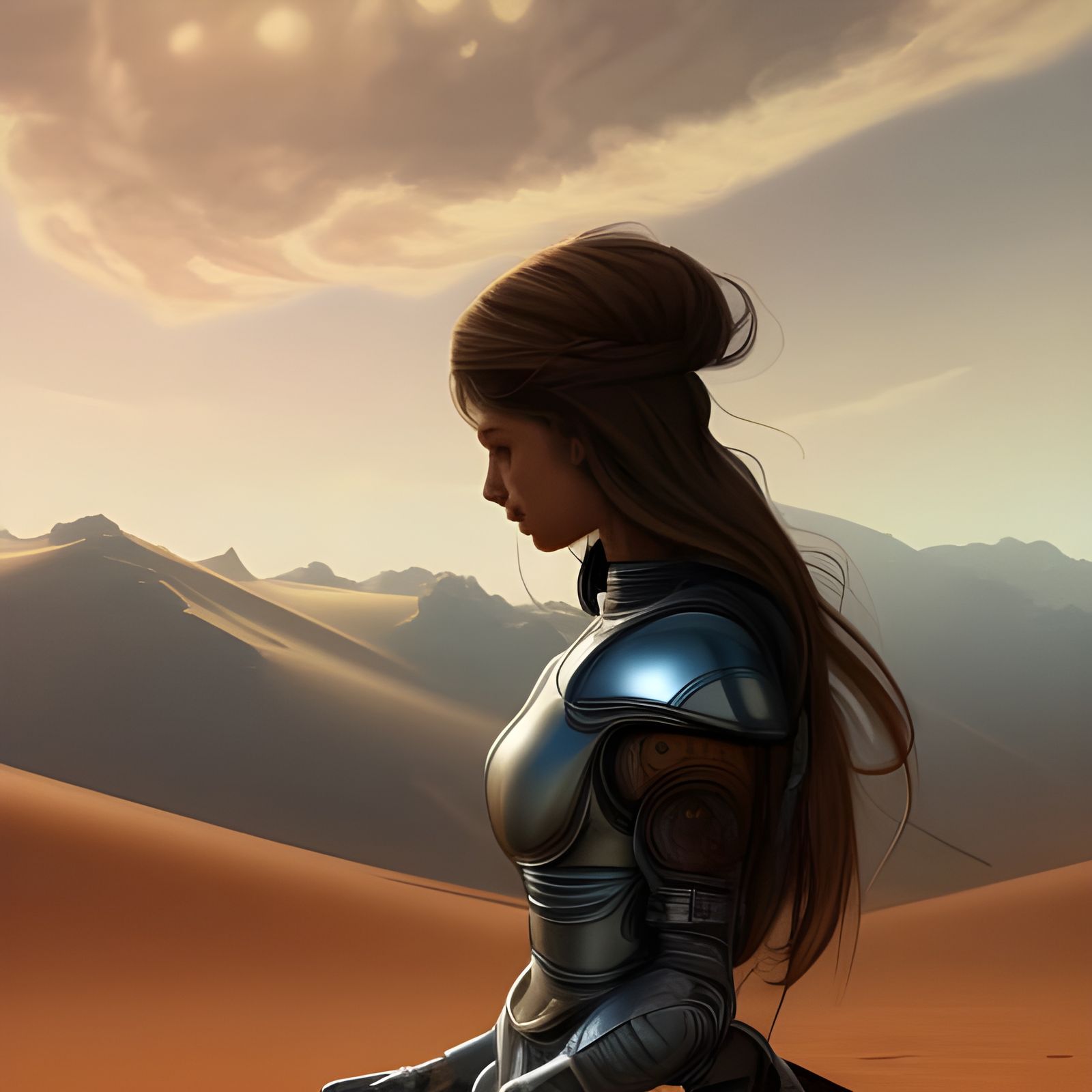 Armored Girl in Desert, Detailed Digital Portrait