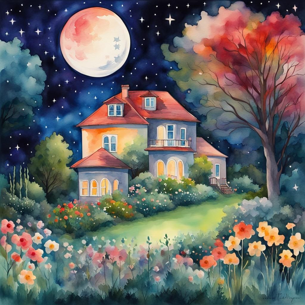 Watercolor Night Garden with Moon and Stars