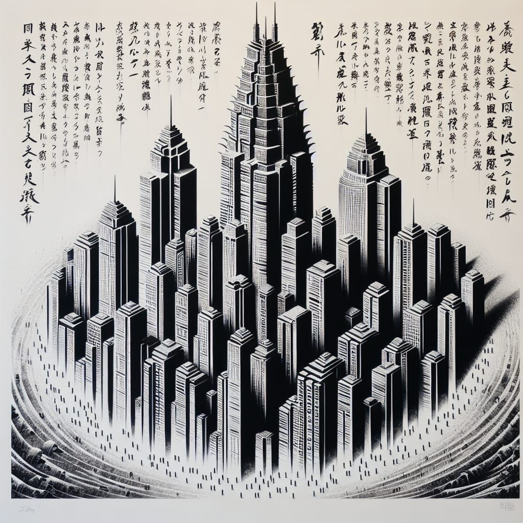 Artist brush painting  Japanese Asian Calligraphy,  a  city ...