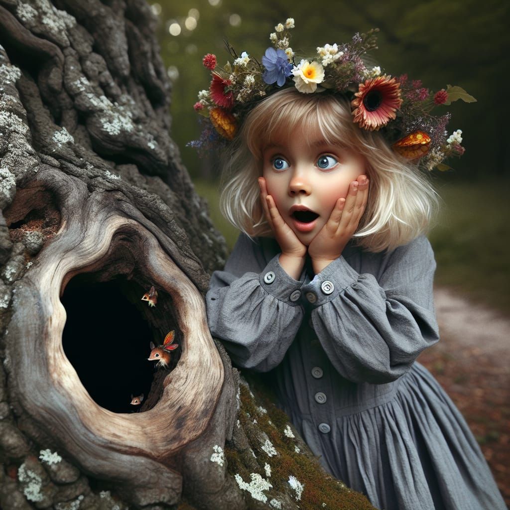 Girl Finds Fairies in Tree: Hyperrealistic Image