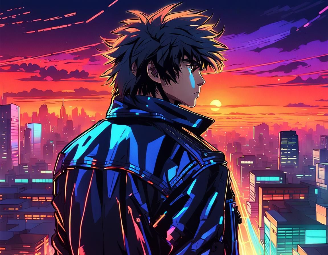 Anime Viktor Tsoi on Futuristic Cityscape at Sunset