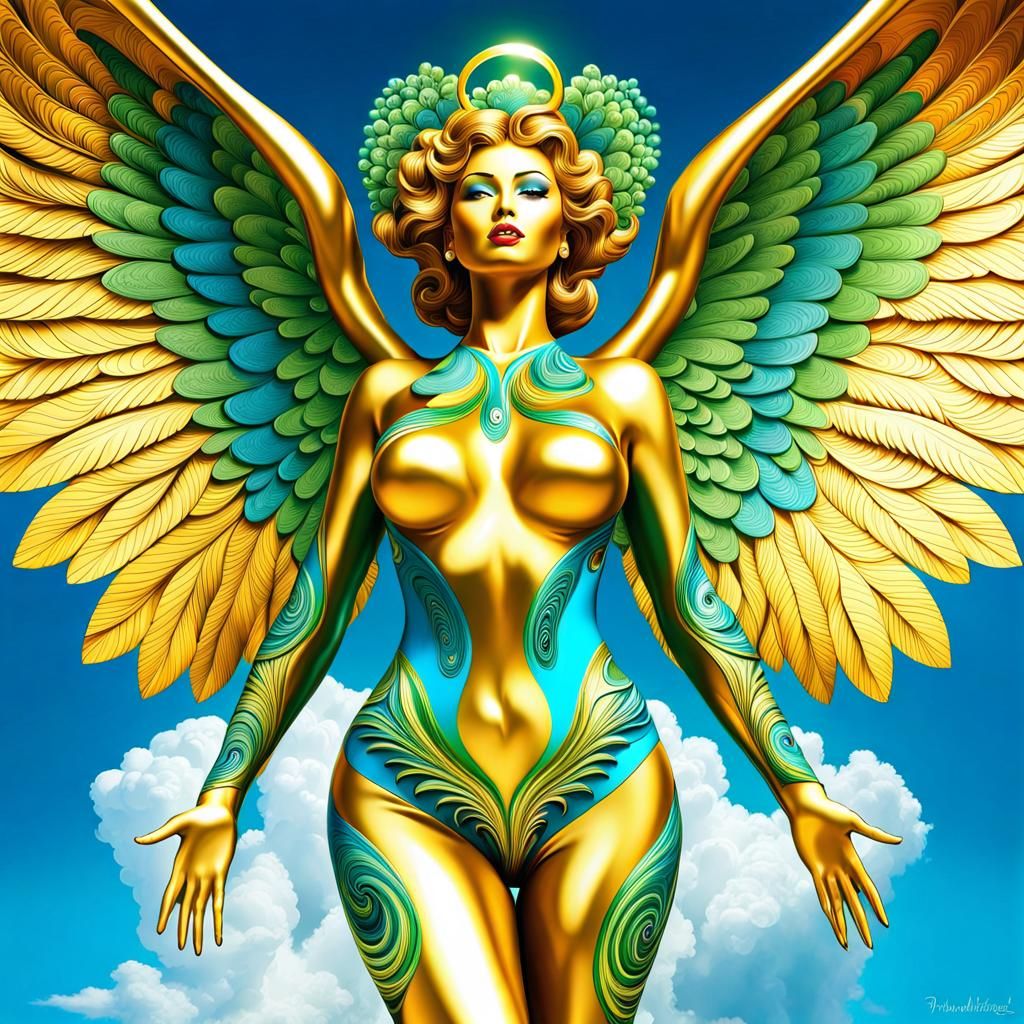 Joyful Golden Angel with Green Wings