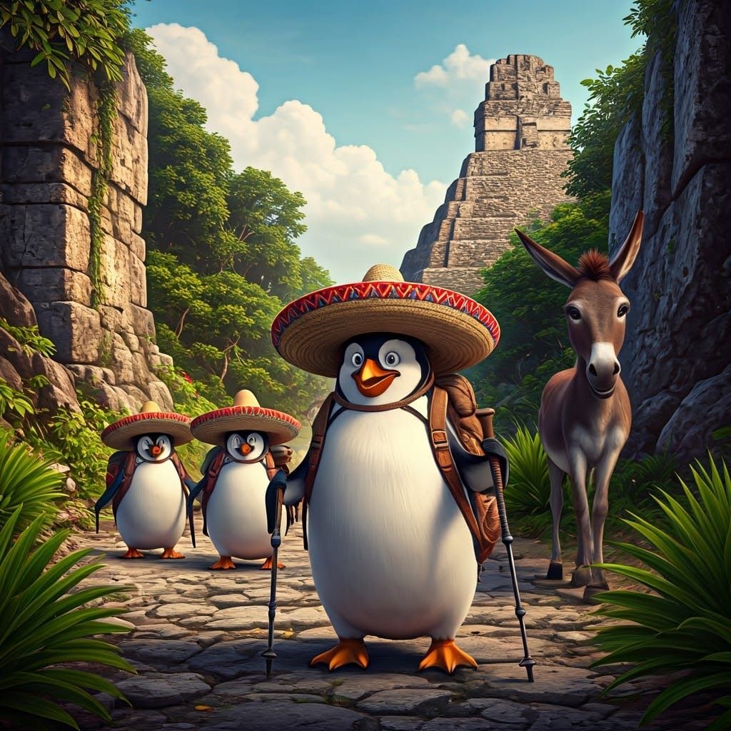 Penguins' Mexican Hiking Adventure in CGI Art