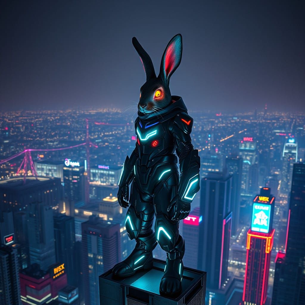 Cyberpunk Rabbit Dominates Dystopian Skyscraper