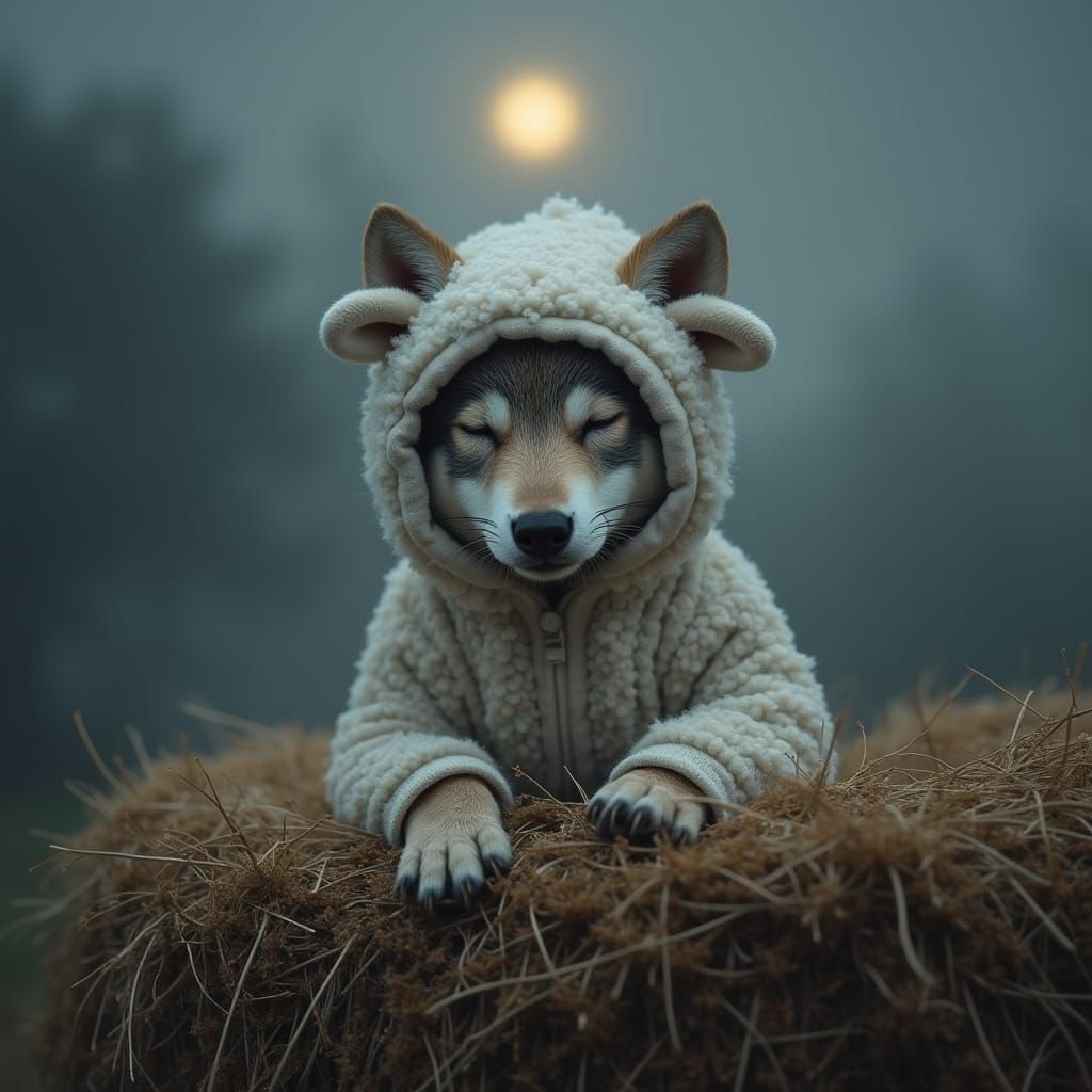 Baby Wolf in Sheep Onesie Sleeps in Moonlit Fog