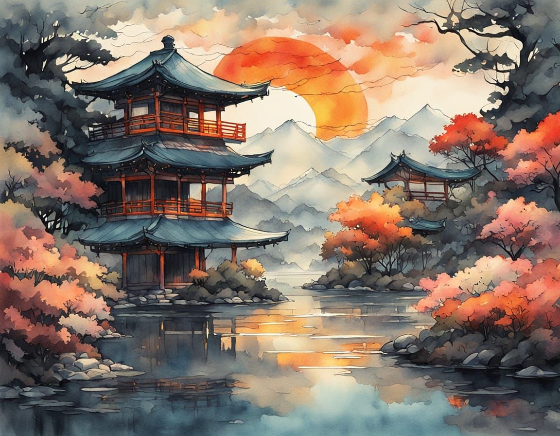 Intricate Japanese-Inspired Watercolor Landscape with Delica...