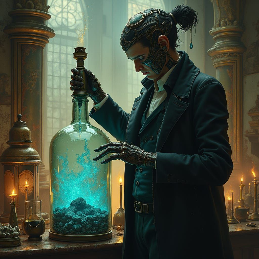 Gothic Cyborg Alchemist Brewing Potions
