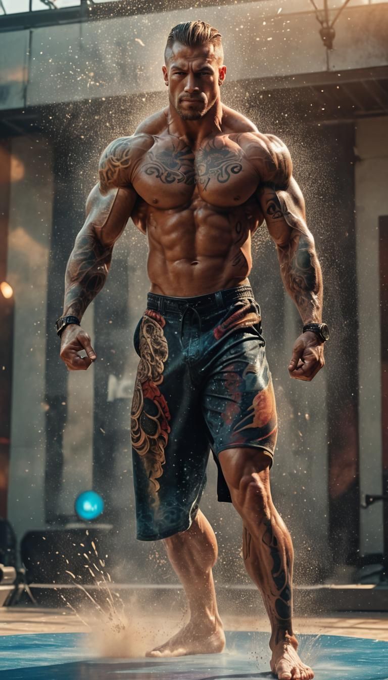 Tattooed Bodybuilder Flexing On Stage in Digital Art