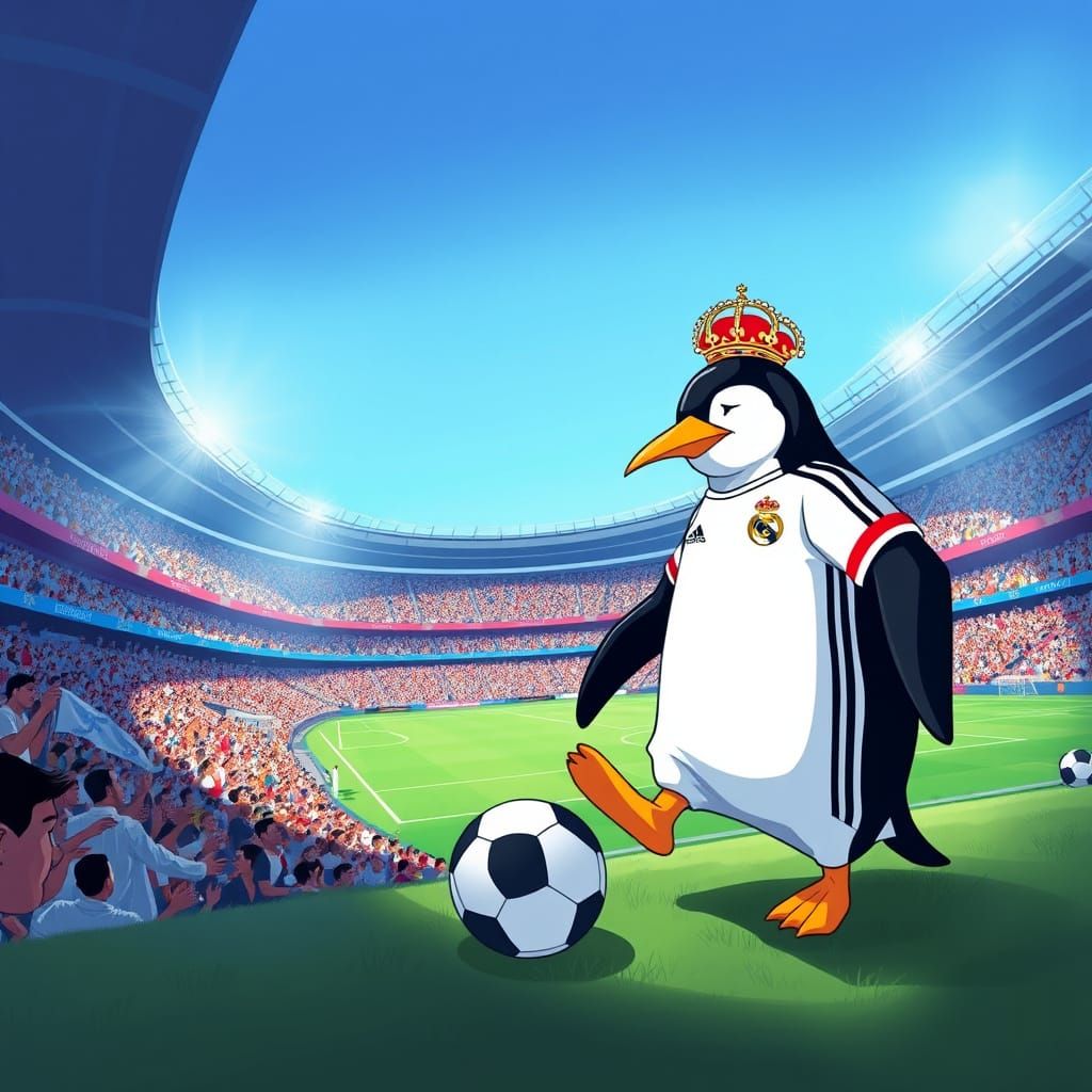 Penguin Footballer at Santiago Bernabéu Stadium