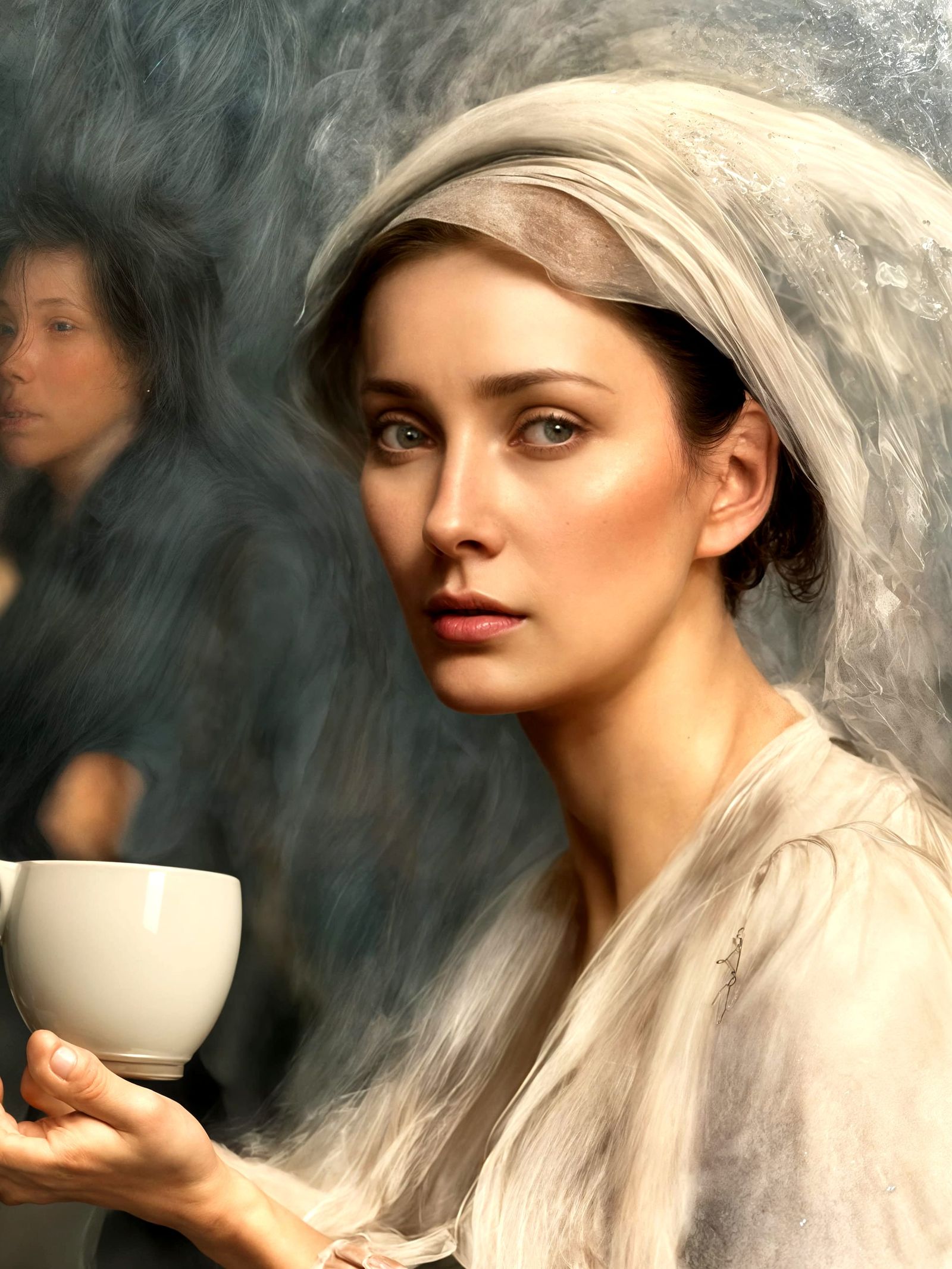 Beautiful Woman Enjoying Tea: Photorealistic Portrait
