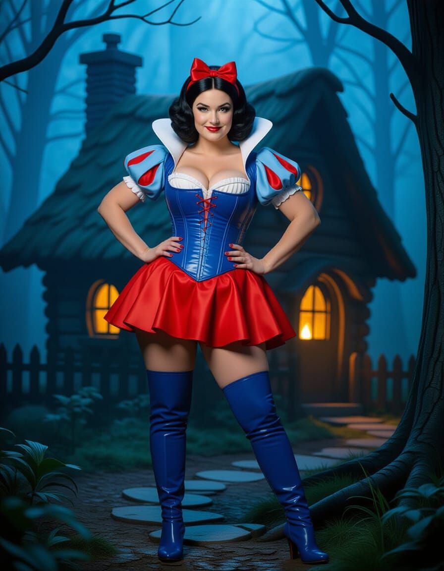 Ominous Snow White in Blue Leather Corset and Latex Skirt