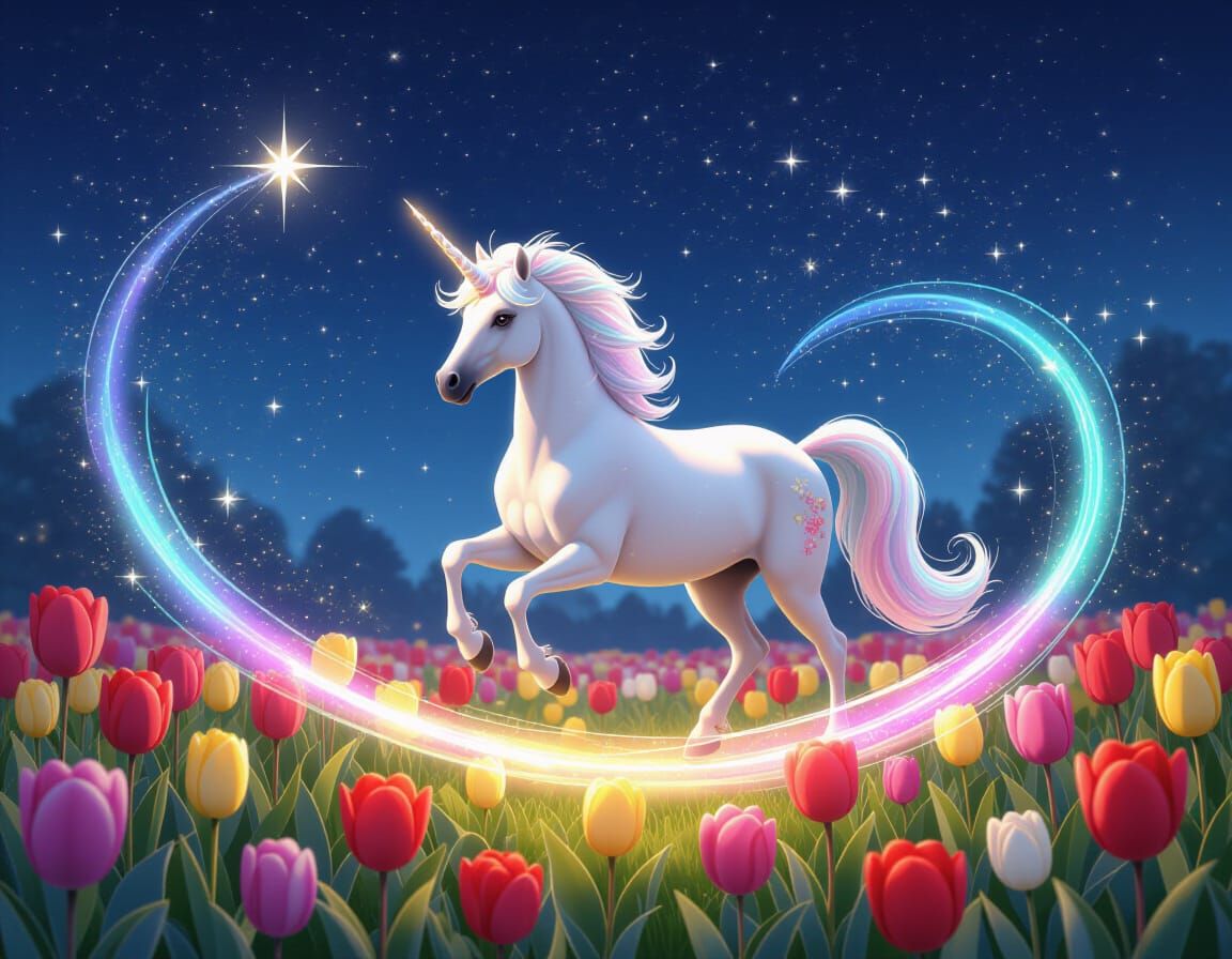 Magical Unicorn in Surreal Tulip Garden