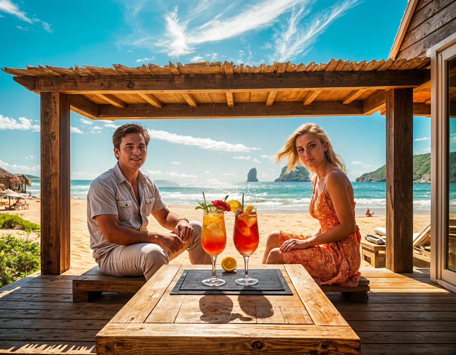 Serenely Happy Couple Relax on Beachside Verandah