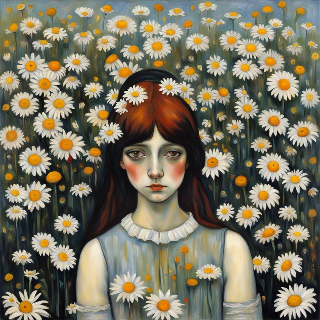 Melancholy Girl with Daisies in Classical Style