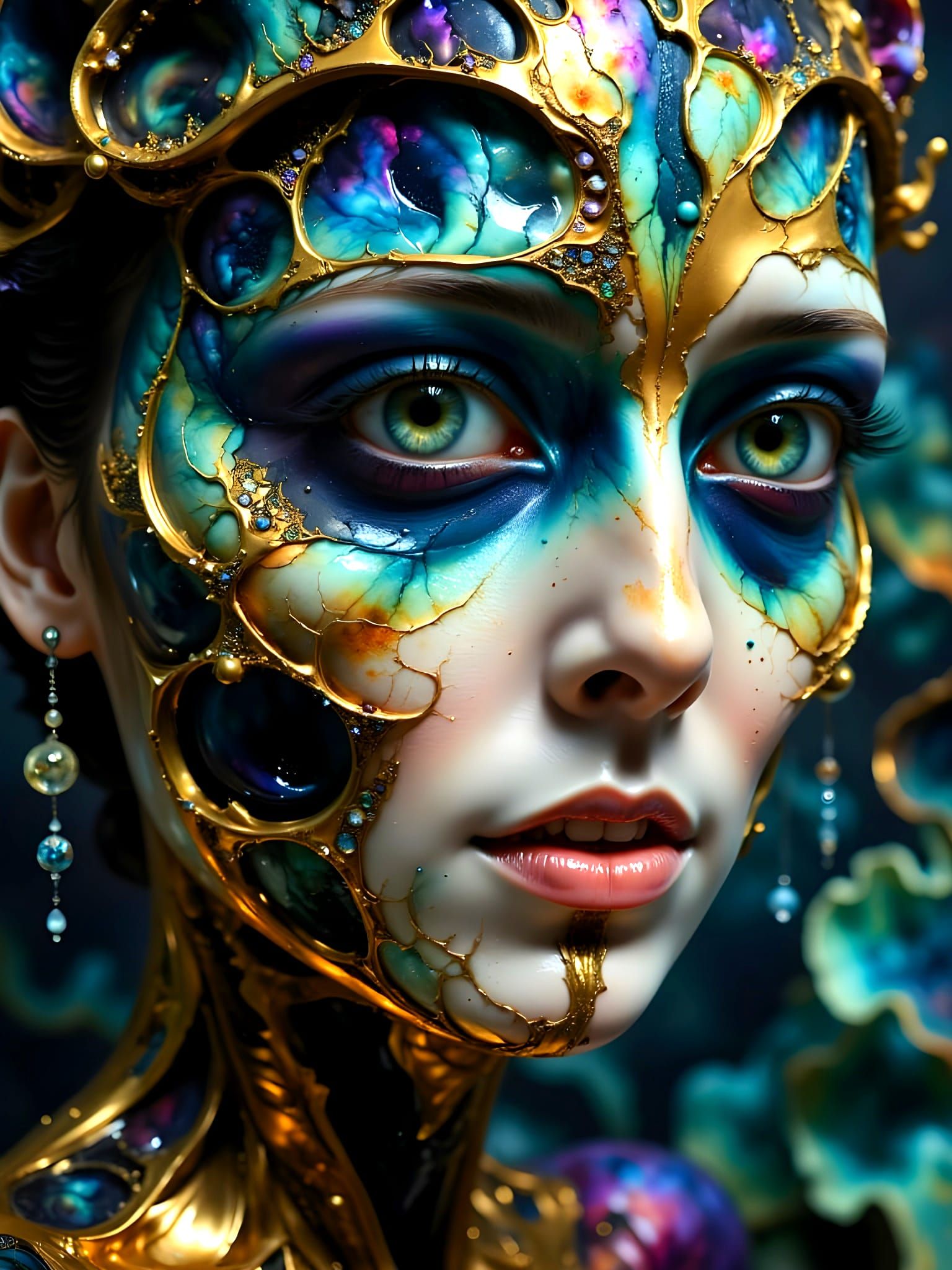 Surreal, Flirtatious Goddess with Vibrant Blue and Green Eye...