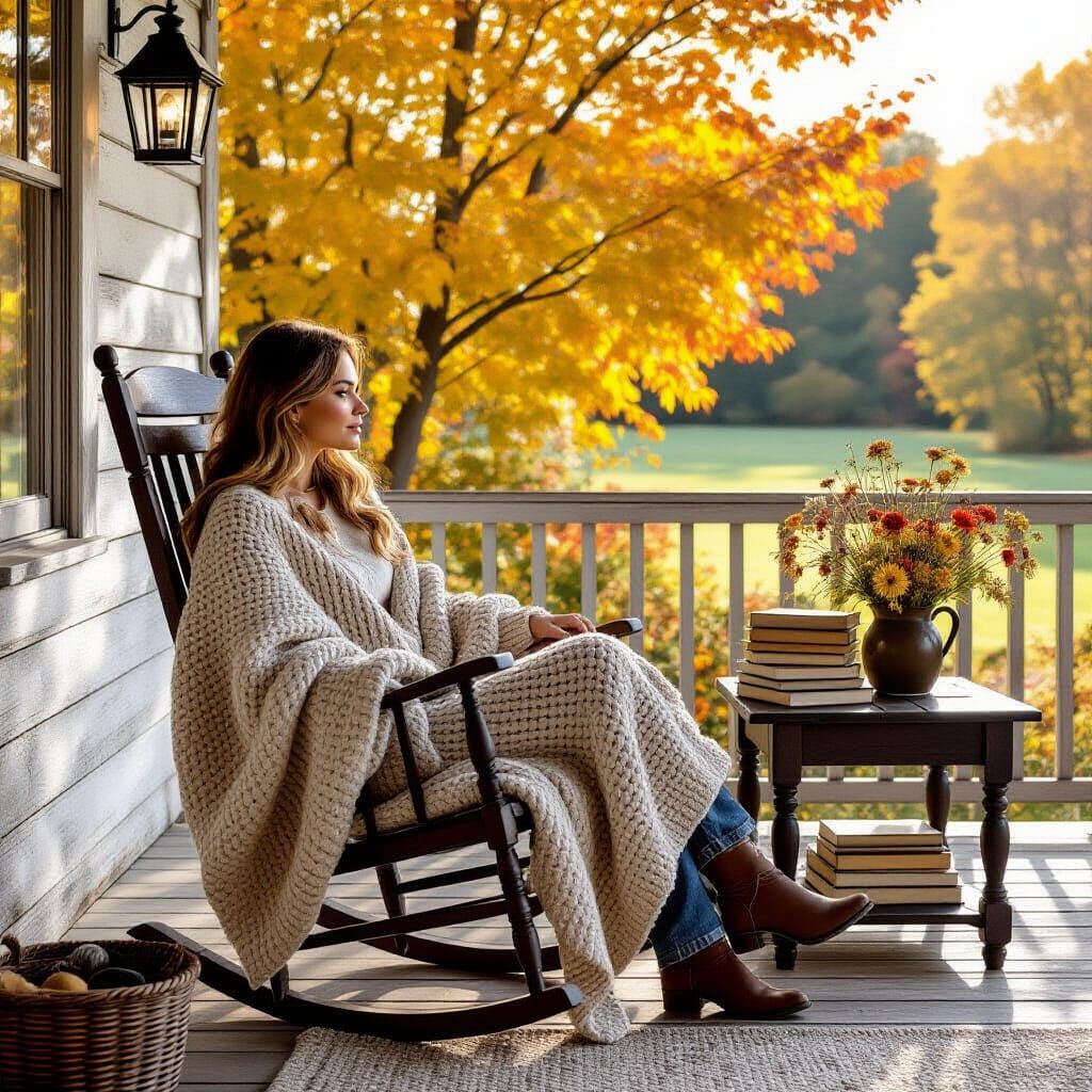 Autumnal Porch Scene with Woman in Rustic Style