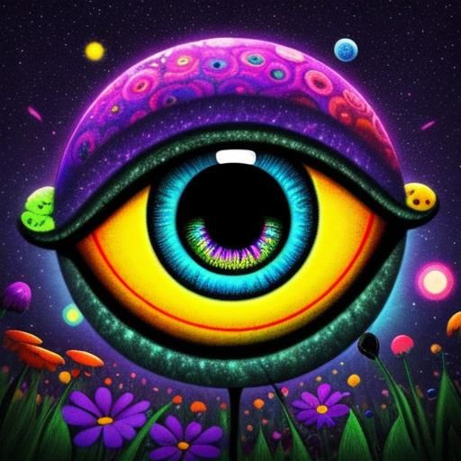 Psychedelic Eyeball Flower Field in Chibi Cartoon Style