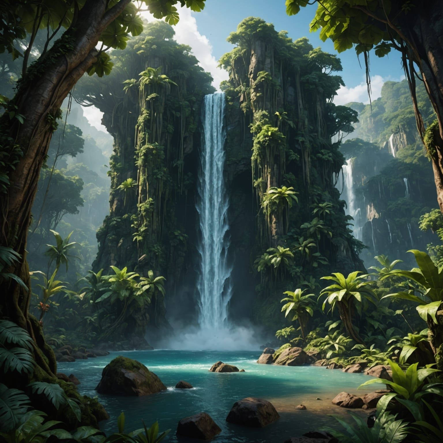 Lush Jungle Waterfall: Detailed Fantasy Painting