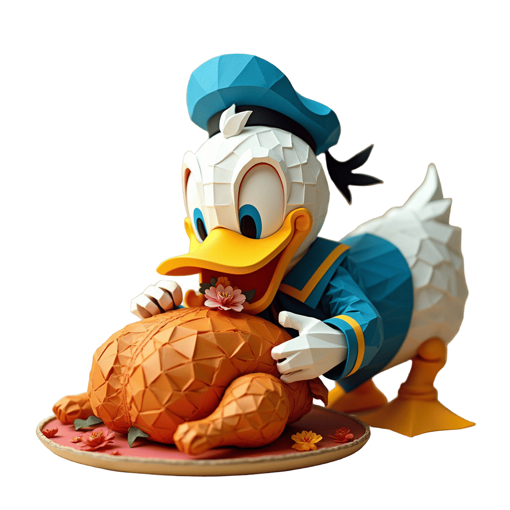 Donald Duck Enjoys Roast Chicken in Origami Style