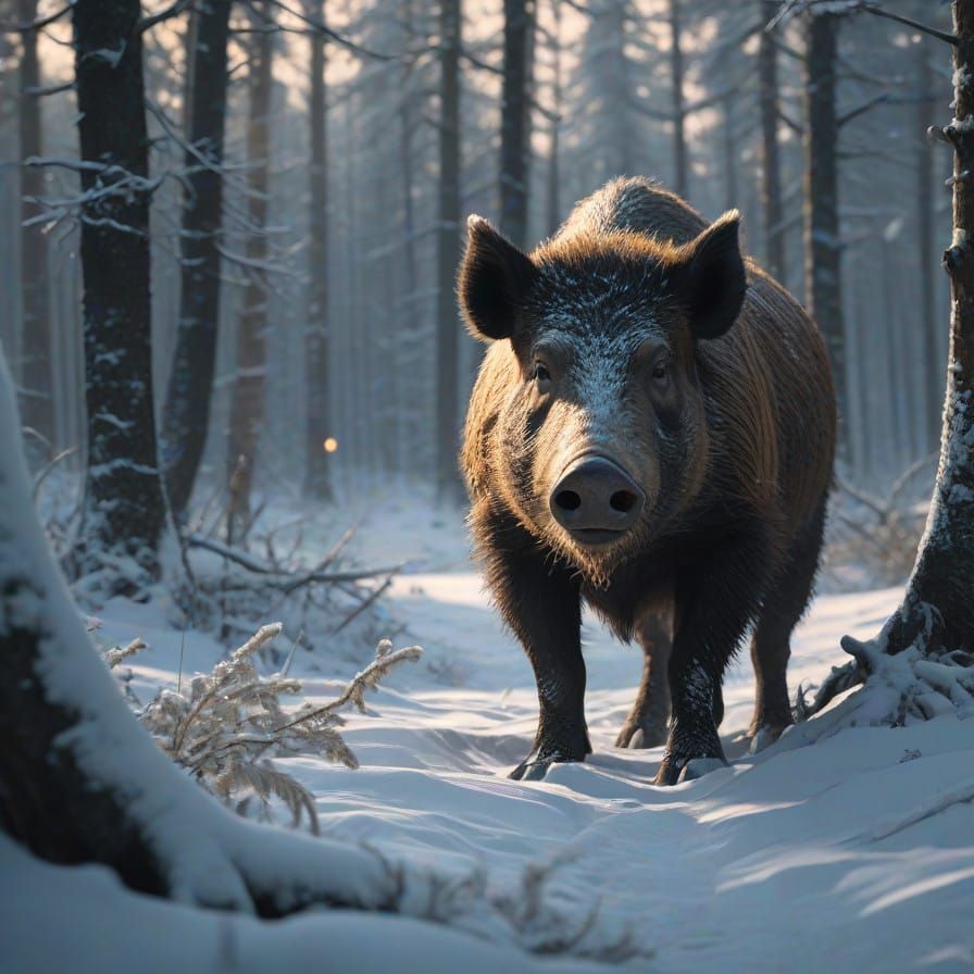 Wild Boar in Snowy Forest Landscape